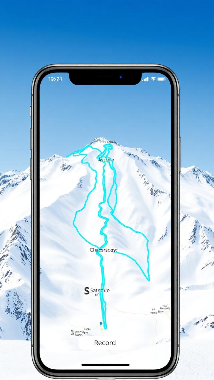Telefon som visar inritade linjer på ett snötäckt bergslandskap